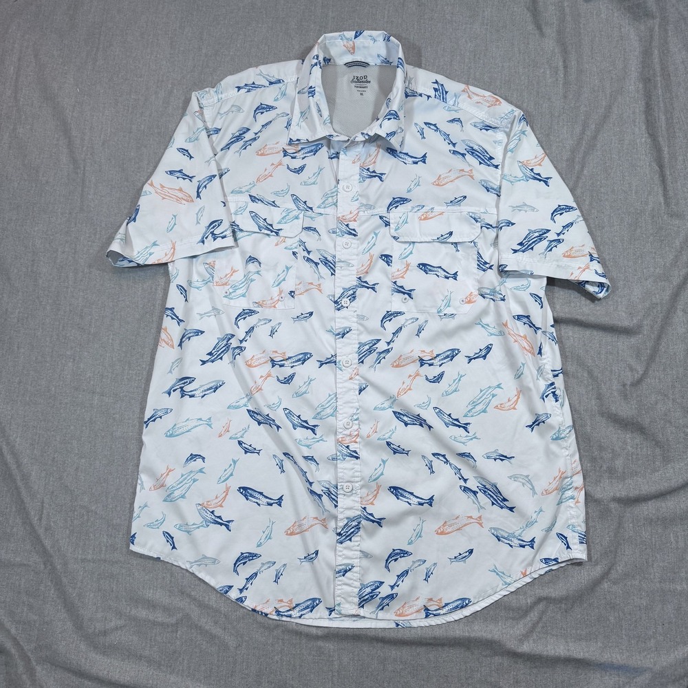 IZOD Saltwater Performance‎ Shirt Mens XL Fish Print Short Sleeve Vented Casual